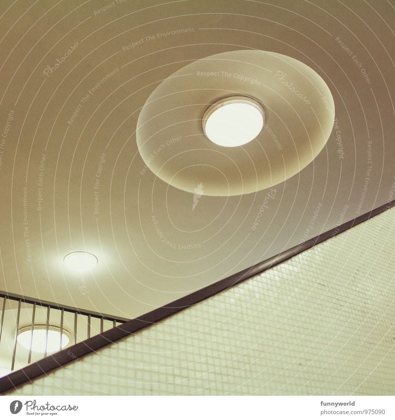 UFO Wall (barrier) Wall (building) Bizarre Design Art Perspective Irritation Lamp Illuminate Light Round Tilt Subdued colour Interior shot Deserted