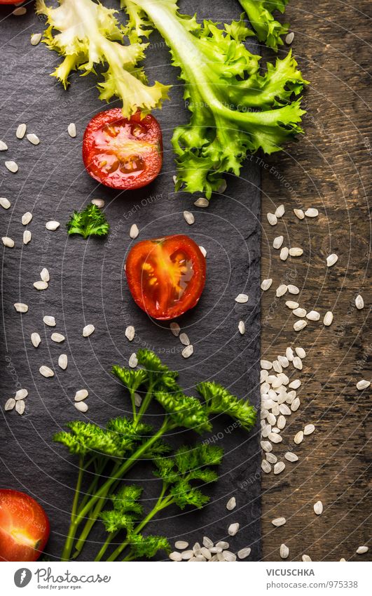 Tomatoes, salad, parsley and rice, diet food Food Vegetable Lettuce Salad Herbs and spices Nutrition Lunch Banquet Organic produce Vegetarian diet Diet Style