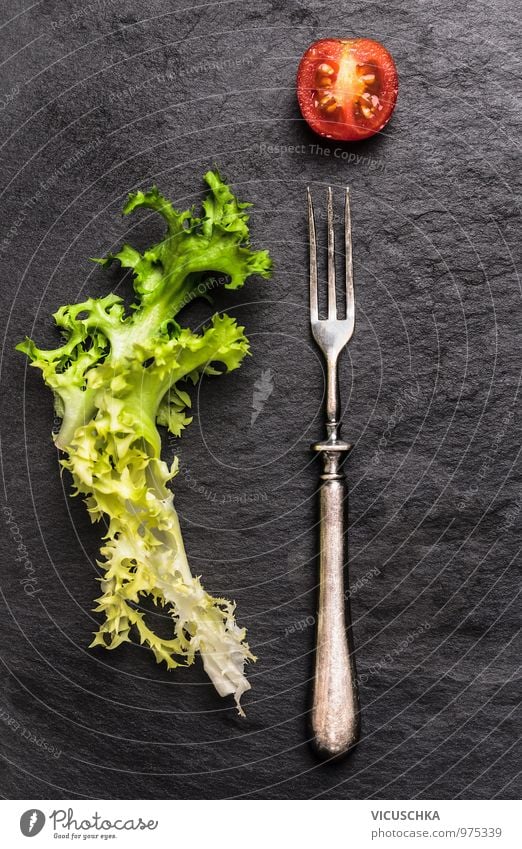 Fork, salad and tomatoes on slate Food Vegetable Lettuce Salad Nutrition Lunch Buffet Brunch Banquet Organic produce Vegetarian diet Diet Lifestyle Style Design