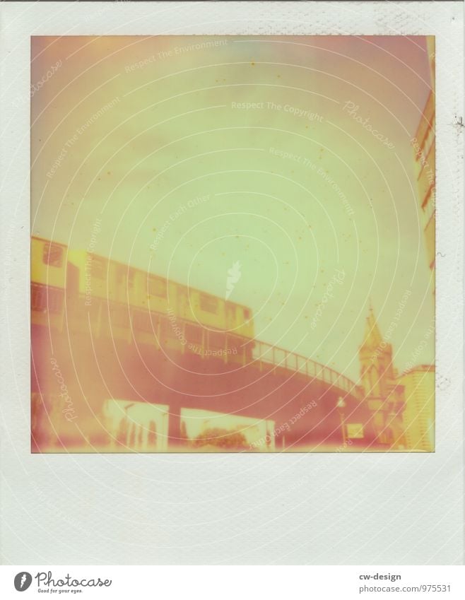 Polaroid of the Berlin subway Underground Yellow Warschauer Bridge Town Capital city Exterior shot Colour photo Skyline Downtown Tourist Attraction Architecture