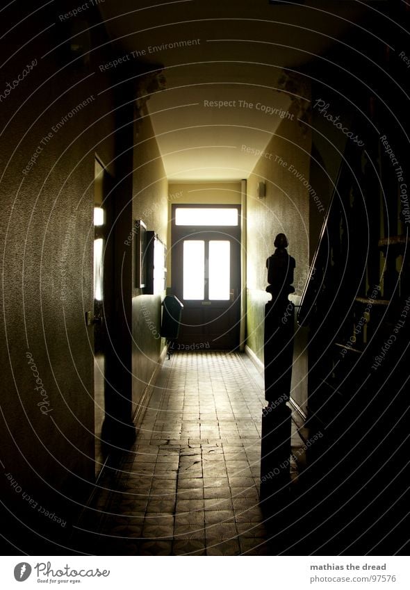 in the end always comes the light Hallway Staircase (Hallway) Room Dark Old building Yellow Light Vanishing point Wood Plaster Empty Window Mailbox Stairs