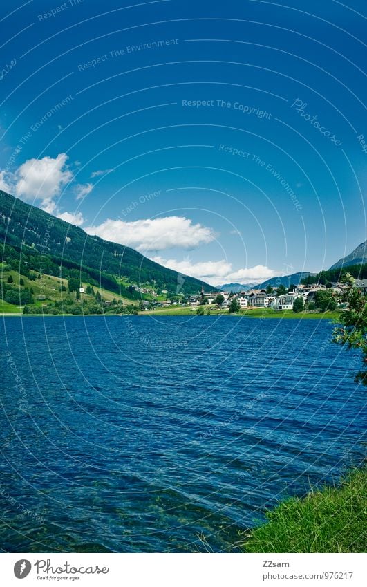 Small Reschen Lake Environment Nature Landscape Sky Clouds Spring Beautiful weather Bushes Alps Mountain Lakeside Fresh Sustainability Natural Blue Green