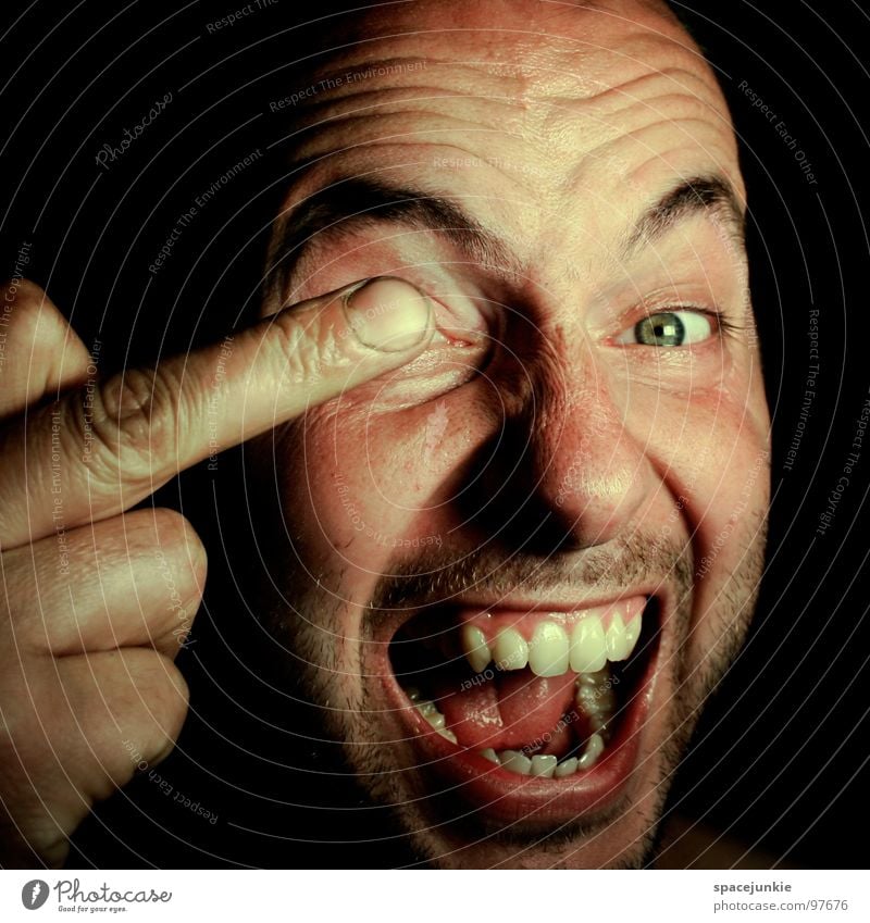 Turn a blind eye Aggravation Evil Aggression Freak Portrait photograph Anger Redneck Unfair Beast Heartless Tough guy Face Hand Fingers Proverb Humor Funny