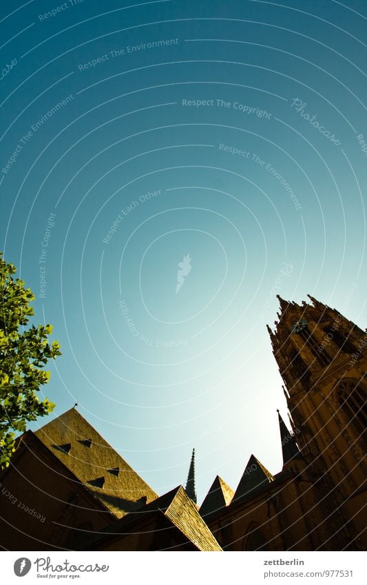 church Frankfurt Main Town Perspective Skyline Steep City life Religion and faith Church Church spire Roof Attic Hatch Heaven Copy Space Cloudless sky Blue sky