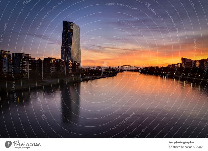 Sunrise FFM River Town Skyline Deserted High-rise Architecture Moody Beautiful Frankfurt Main Colour photo Exterior shot Copy Space top Copy Space bottom Dawn