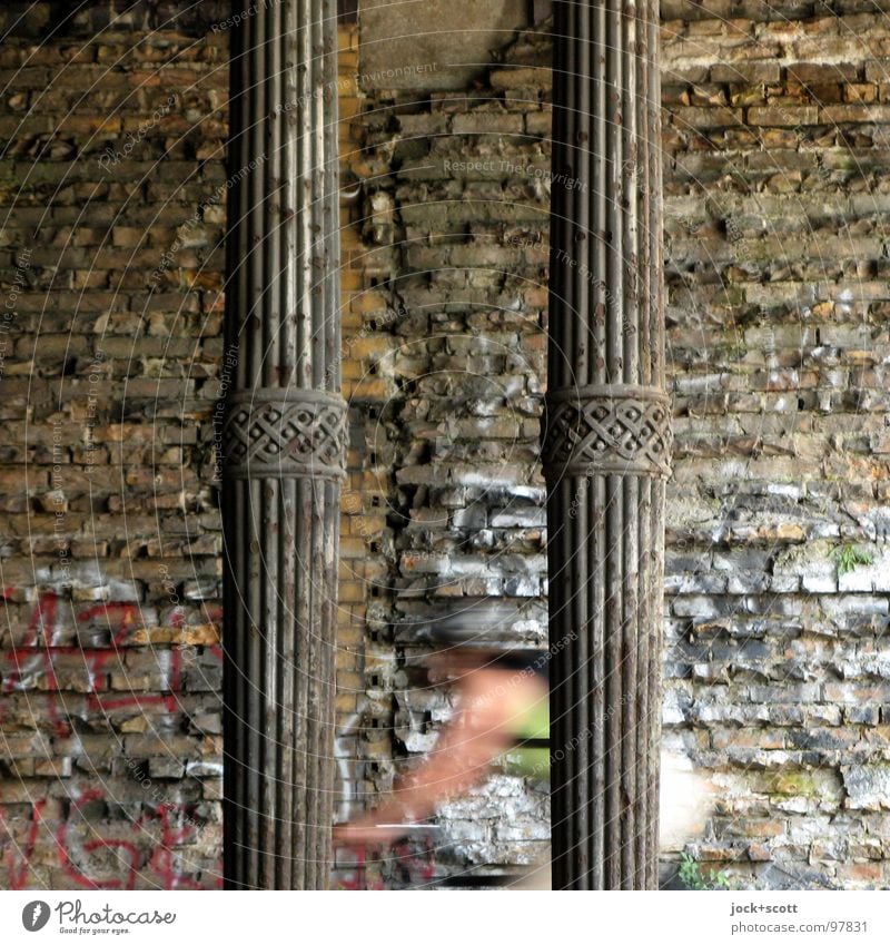 Hartungschen columns Cycling Prenzlauer Berg Tunnel Manmade structures Wall (building) Metal Rust Brick Historic Speed Movement Center point Nostalgia Symmetry