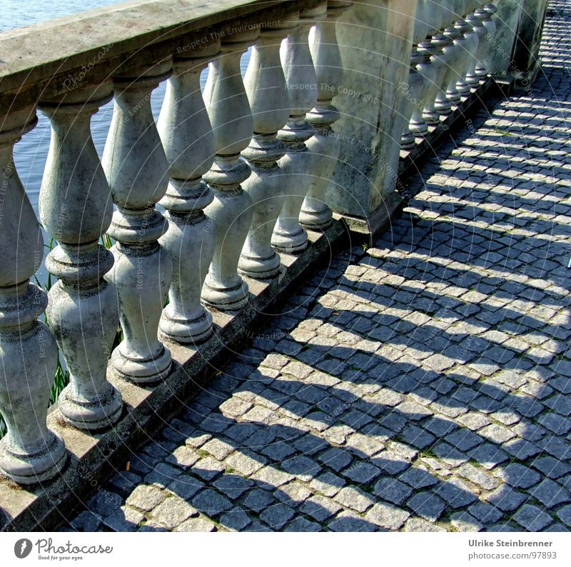 Old bridge with stone pillars and silhouette Colour photo Detail Deserted Light Shadow Sunlight Ladder Park Wall (barrier) Wall (building) Terrace Street Stone