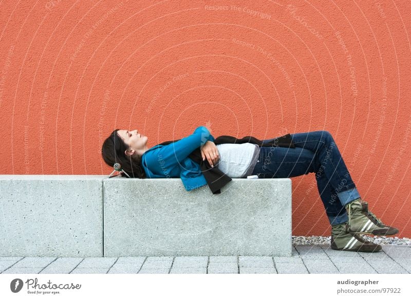 red time Woman Feminine Red Cyan Gray White Force Multicoloured Wall (barrier) Rough Plaster Concrete Footwear Boots Brunette Sleep Relaxation Contentment