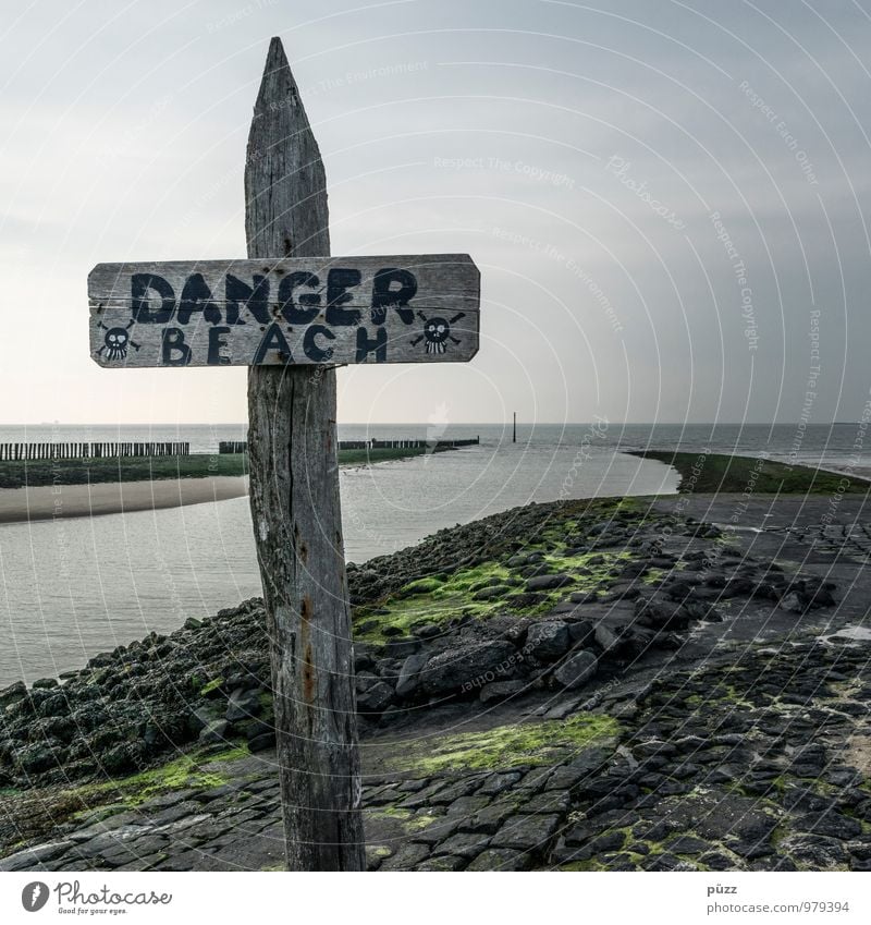 DANGER BEACH Vacation & Travel Adventure Summer Summer vacation Ocean Nature Landscape Water Sky Horizon Bad weather Coast Beach Bay North Sea Navigation