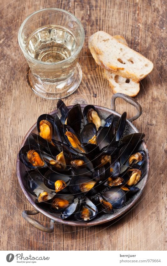 mussel pot Food Seafood Dough Baked goods Wine Pot Pan Cheap Good Mussel White wine Bread Baguette Rustic Wooden board copper pan copper pot Cooking Open