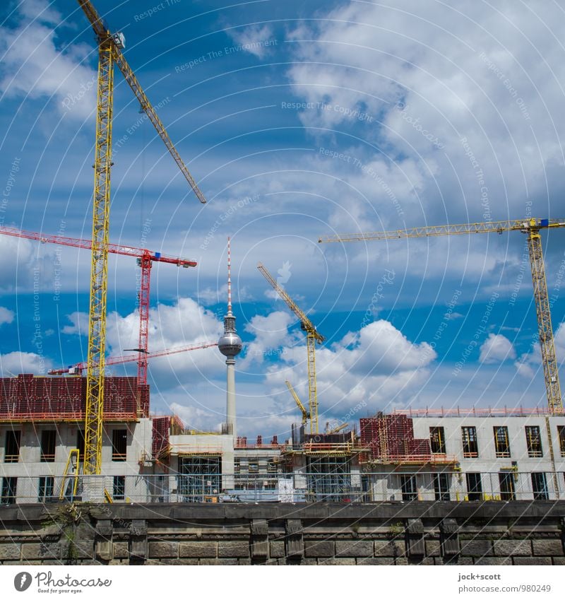 Middle castle in the air Construction site Construction crane Clouds Downtown Berlin Castle Landmark Berlin TV Tower Build Authentic Modern Change Renewal