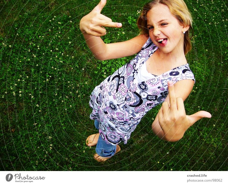 Hey you! Evil Middle finger Dress Flip-flops Pants Green Posture Child Youth (Young adults) Brash Laughter Hind quarters asshole slander Janina grass-green