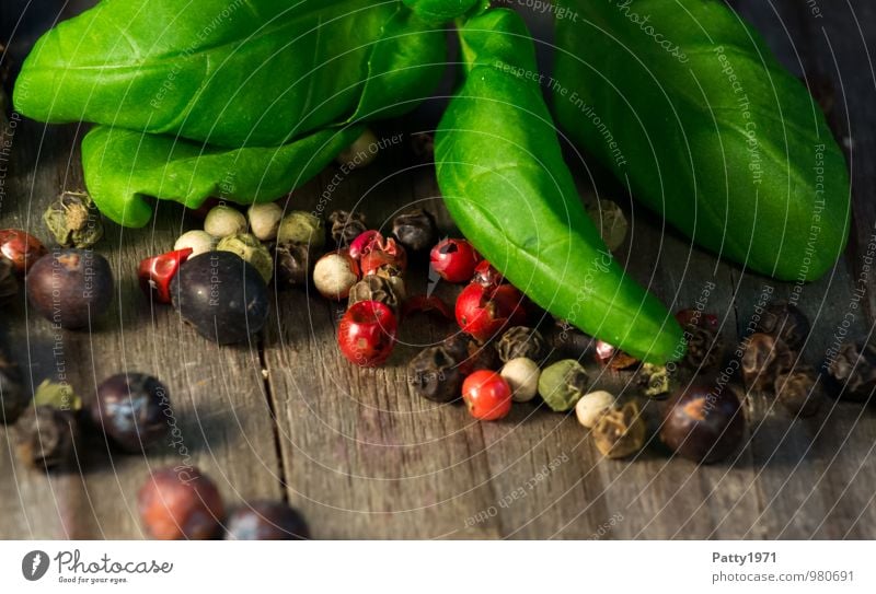 basil Food Herbs and spices Basil Peppercorn juniper berries Nutrition Vegetarian diet Italian Food Wood Fragrance Delicious Appetite Tangy Spicy Colour photo