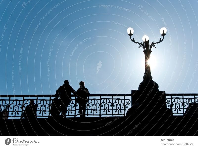 Belgian chandelier Human being Couple 2 3 Sky Cloudless sky Sun Sunlight Beautiful weather Bridge Blue Street lighting Lamp Sunbeam Banister Wrought iron