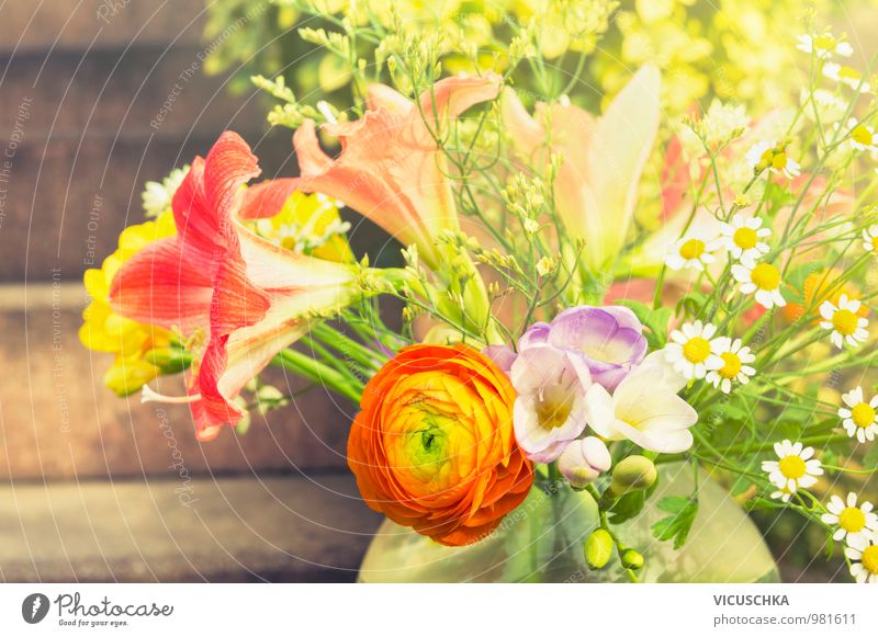 Sunny bouquet of flowers in the garden Style Design Summer Garden Nature Plant Spring Beautiful weather Flower Bouquet Vase Sunbeam Decoration Floristry