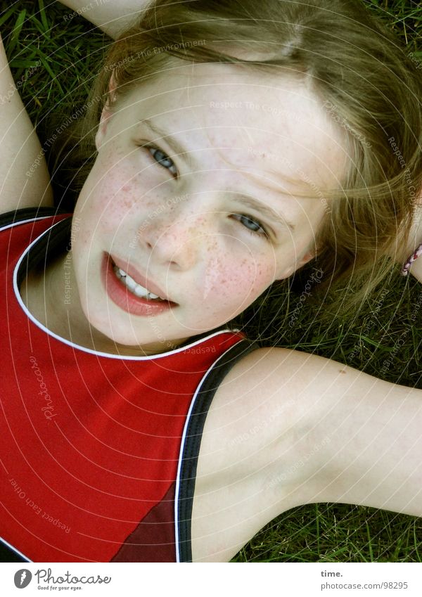 When summer is not far away ... [II] Portrait photograph Joy Beautiful Contentment Relaxation Garden Girl Head Eyes Sky Meadow T-shirt Blonde Laughter Lie Trust