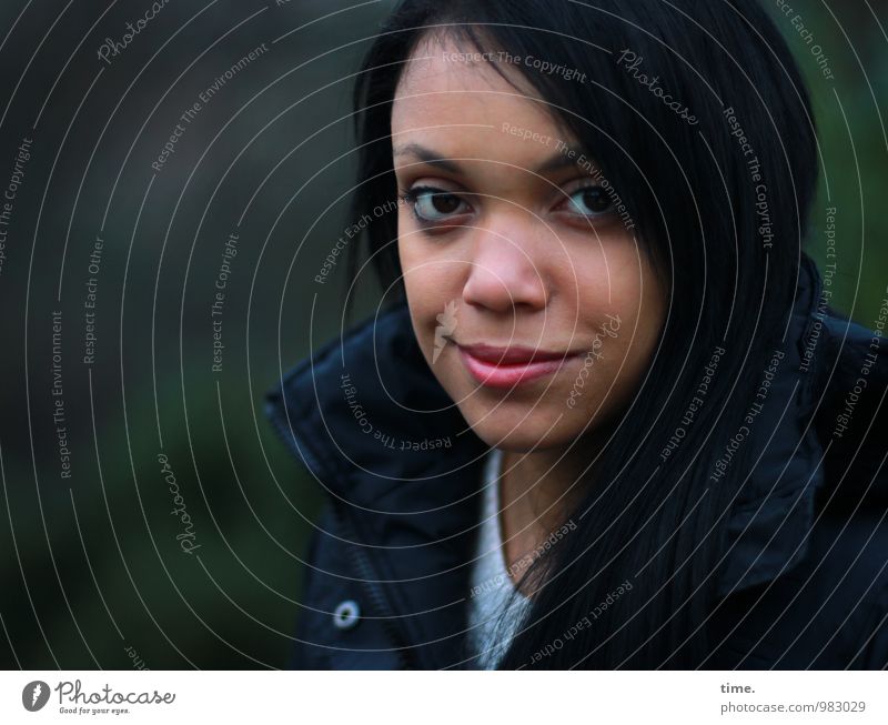 . Human being Young woman Youth (Young adults) 1 Jacket Black-haired Long-haired Observe Looking Wait Beautiful Emotions Willpower Watchfulness Caution Serene