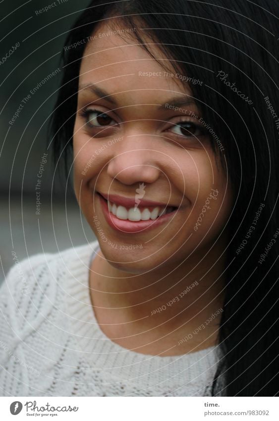 . Feminine Young woman Youth (Young adults) 1 Human being Sweater Black-haired Long-haired Observe Smiling Laughter Looking Beautiful Joy Happy Happiness