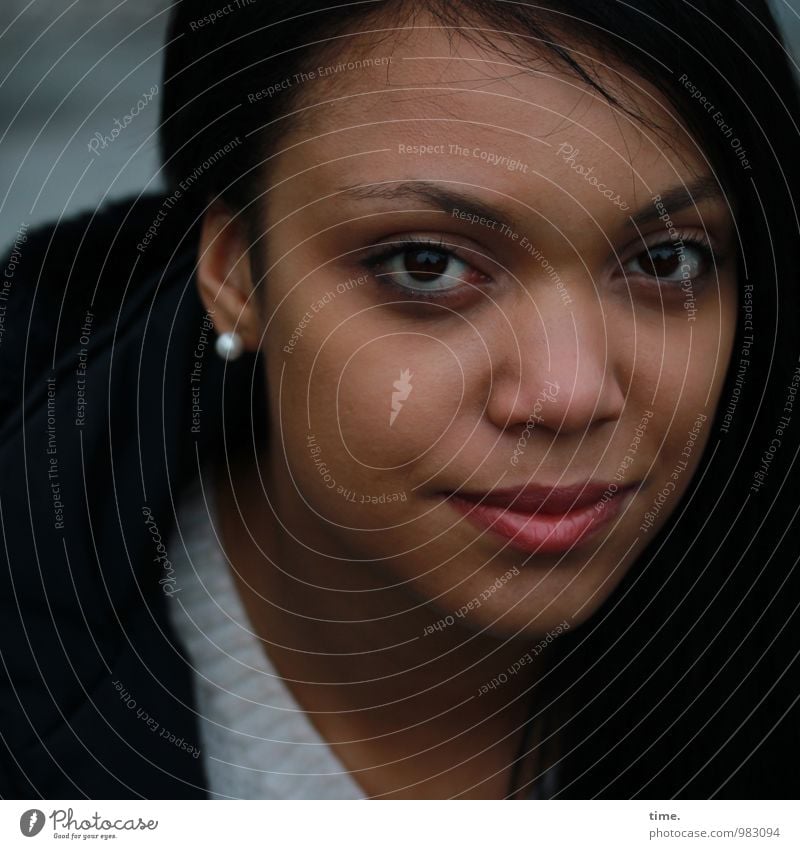 . Feminine Young woman Youth (Young adults) 1 Human being Sweater Coat Earring Black-haired Observe Looking Wait Beautiful Contentment Power Willpower