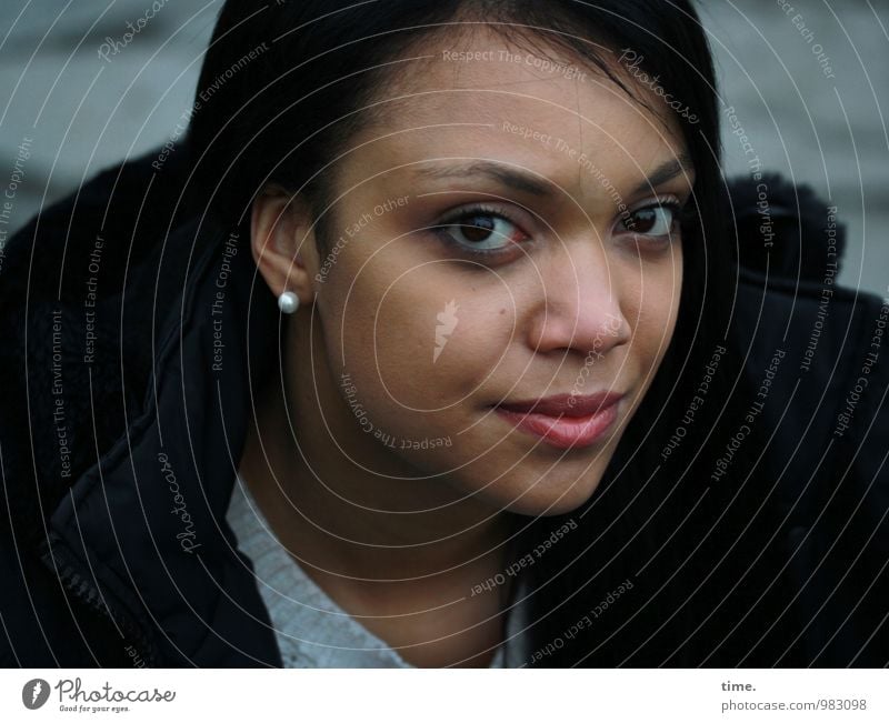 . Feminine Young woman Youth (Young adults) 1 Human being Sweater Coat Earring Black-haired Observe Smiling Looking Wait Beautiful Self-confident Power