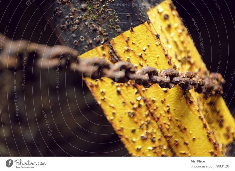 clingy Metal Yellow Chain Chain link Rust Old Pole Warning colour Barrier Affectionate Protection Safety Steel Ancient Symbols and metaphors Colour photo Detail