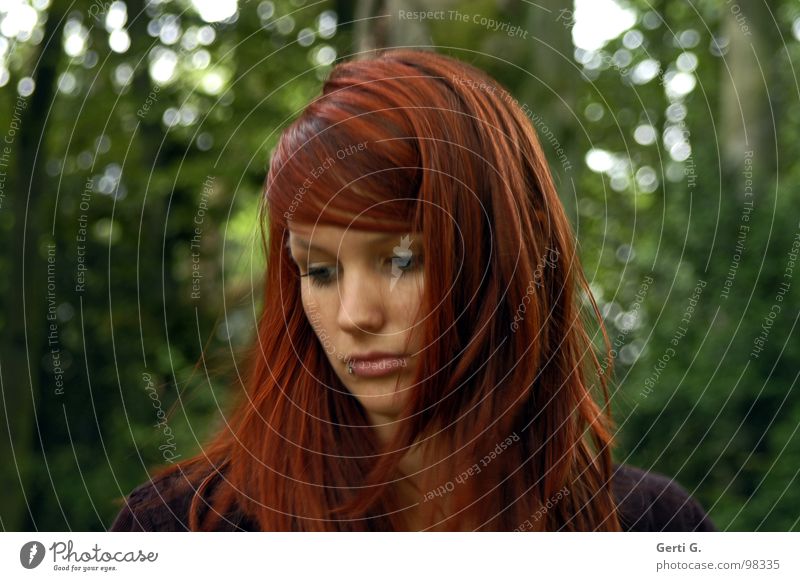 it could all be so simple... Woman Young woman Beautiful Grief Think Thought Long-haired Red-haired Green Forest Tree Portrait photograph Shoulder Bushes Hope