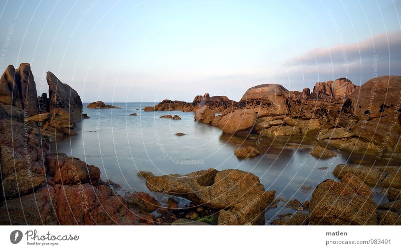 still air Sky Clouds Horizon Sunrise Sunset Summer Weather Beautiful weather Rock Coast Bay Fjord Ocean Deserted Blue Brown Calm Bizarre Colour photo