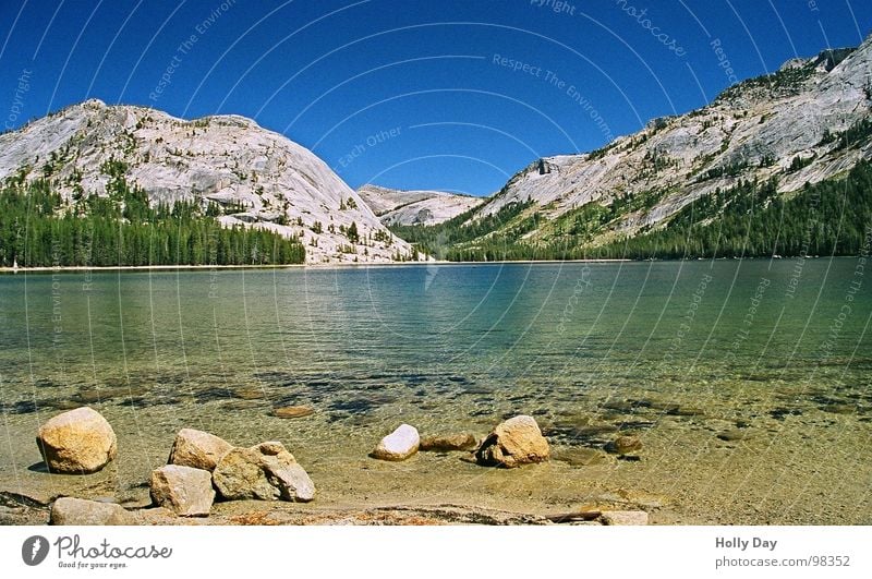 The lake rests still Lake Transparent Calm Stay Yosemite National Park California Break USA Summer Stone Mountain Water Clarity Blue Sky Blue sky Tioga Road