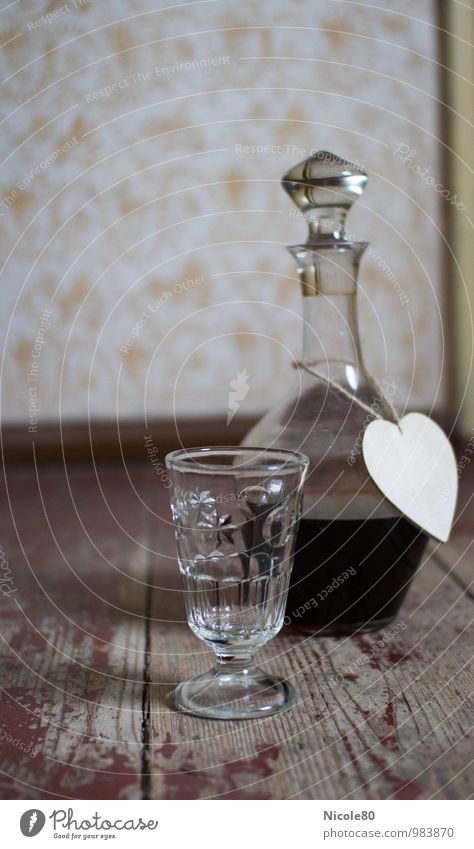 old but beautiful 2 Beverage Old Decanter Glass Floorboards Wooden floor Wine Bottle of wine Heart Historic Vintage Retro Old-school Interior shot Deserted