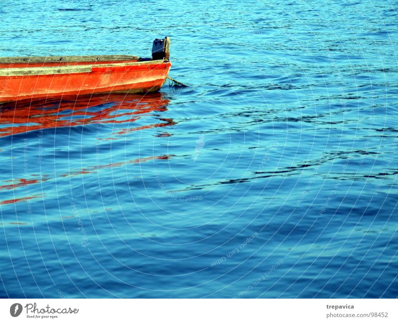 boat I Summer Wood Calm Waves Mirror Watercraft Fishing boat Vacation & Travel River Orange Blue Colour colours sunny Danube silent Contrast