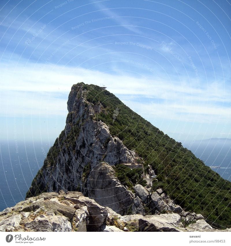 The Rock, The Rock of Gibraltar Summer Ocean Nature Landscape Sky Clouds Horizon Peak Stone Blue Gray Green Colour photo Exterior shot Deserted Copy Space top