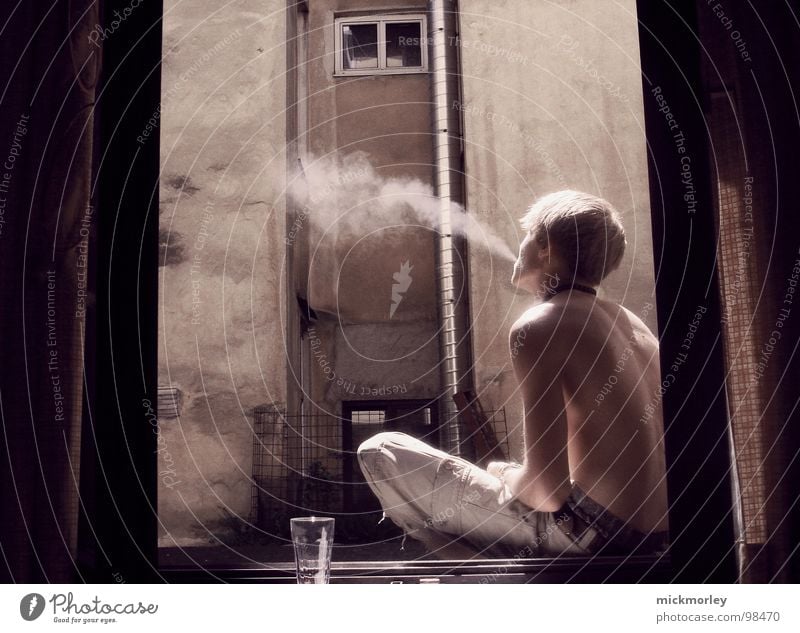 smoking kid Flat (apartment) Cigarette Joint residence Window Light Upper body Drape To enjoy Relaxation Brown Sunbathing Boredom Smoking Smoke Farm