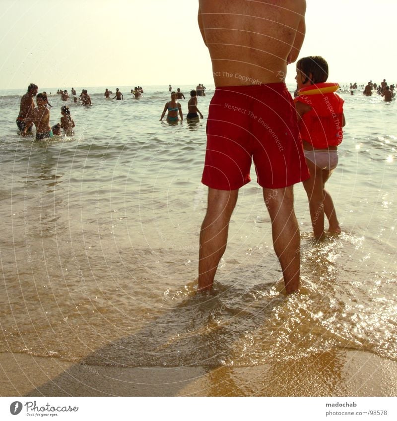 baywatch Guard service Testing & Control Stand Man Playing Romp Upper body Life jacket Red Beach Vacation & Travel Summer Sun Physics Hot Human being Portugal