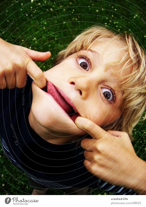 Bäääh Evil Hand Blonde Grass Green Dark Child Brash Tongue Mouth Eyes Hair and hairstyles Bright Face sweatshirt Garden Lucas