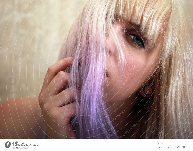 . Feminine Young woman Youth (Young adults) 1 Human being Blonde Long-haired Bangs Punk Observe Communicate Looking Dream Beautiful Naked Rebellious Emotions