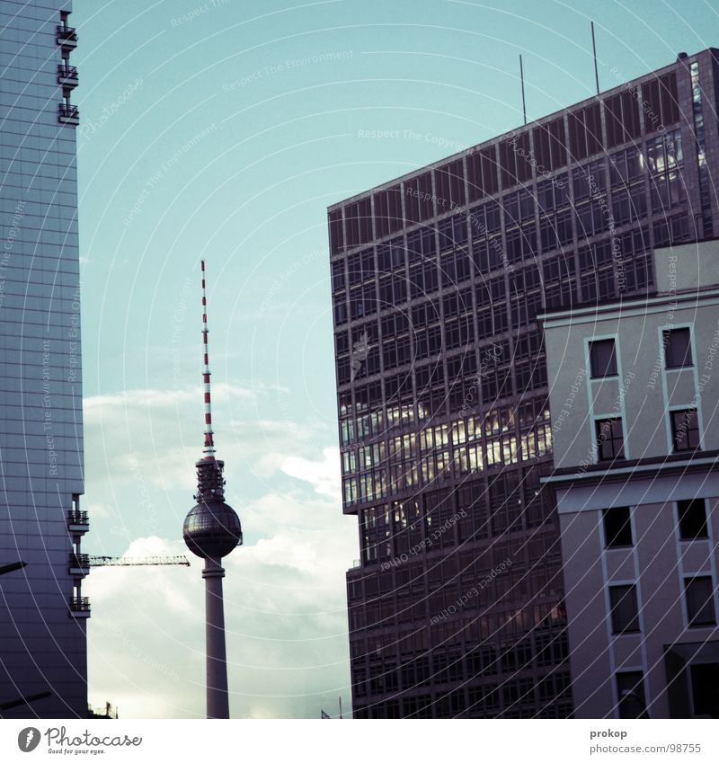 Good morning Berlin Alexanderplatz High-rise Large Might Facade Clouds Crane Modern Landmark Monument Tower Berlin TV Tower alex Capital city Skyline Gigantic