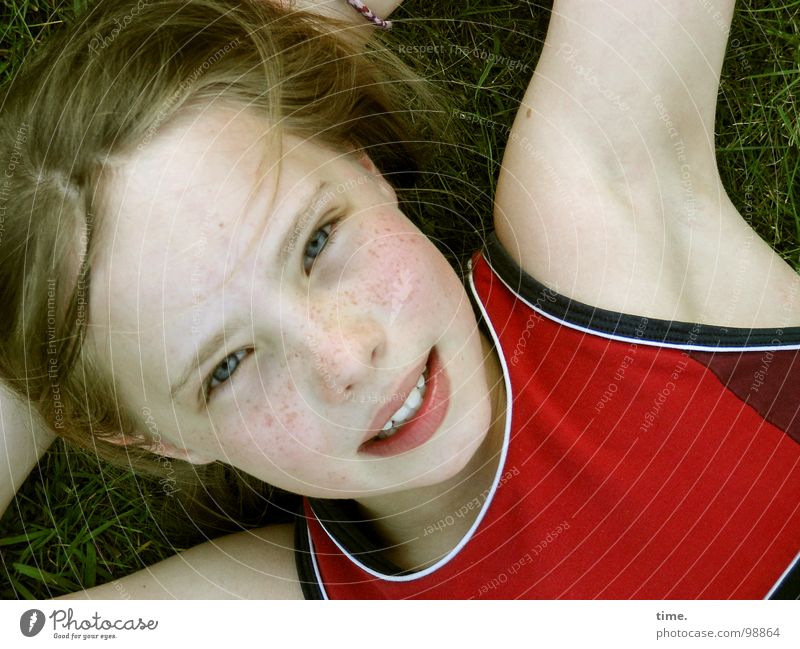 When summer is not far away ... [III] Joy Beautiful Contentment Relaxation Garden Feminine Girl 1 Human being Meadow T-shirt Blonde Long-haired Observe Laughter