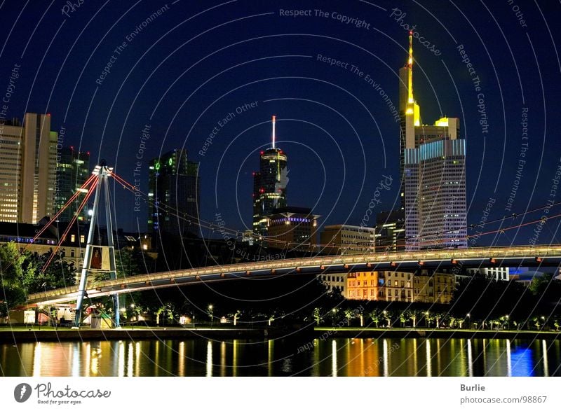 Skyscraper Bridge Frankfurt Glittering Long exposure Night. Main Light Lamp Colour