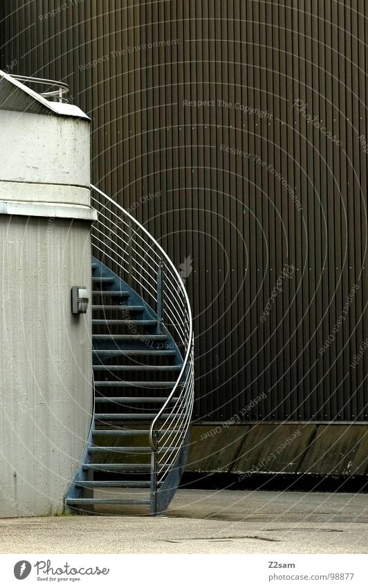 Into the unknown Ambiguous Going Ascending Wall (building) Furrow Tin Lamp Minimal Simple Industry Lanes & trails Stairs Ladder Handrail Curve changing stairs