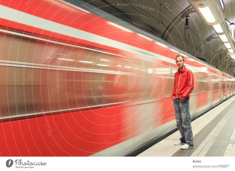 train departure Vacation & Travel Logistics Human being Masculine Town Train station Transport Train travel Commuter trains Underground Platform Driving Wait