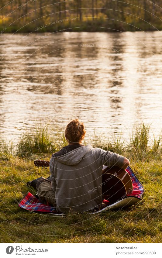 magic carpet Play guitar Trip Freedom Human being Masculine Young man Youth (Young adults) Life 1 18 - 30 years Adults Guitar Nature Summer River bank "rena