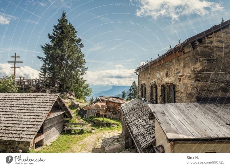 rest Hiking Vacation & Travel Trip Clouds Summer Beautiful weather Tree Grass Mountain South Tyrol House (Residential Structure) Hut Building Roof Relaxation