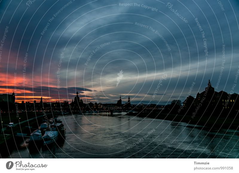 Dresden waterfront Water Night sky Sunrise Sunset Town Old town Skyline Church Architecture Tourist Attraction Landmark Threat Frauenkirche Elbe Exterior shot