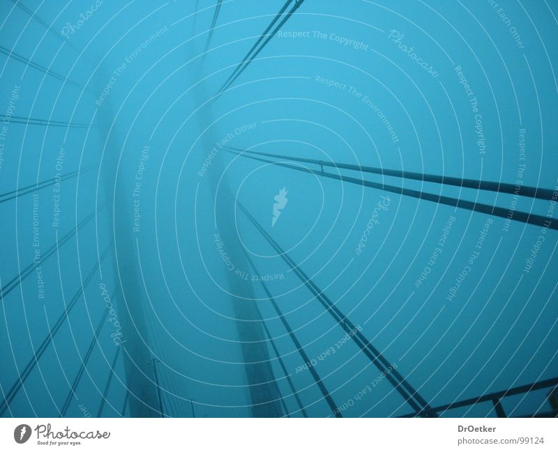 A bridge disappears in the fog Fog Suspension bridge Bridge Blue Closed Wire cable Upward Oeresund bridge