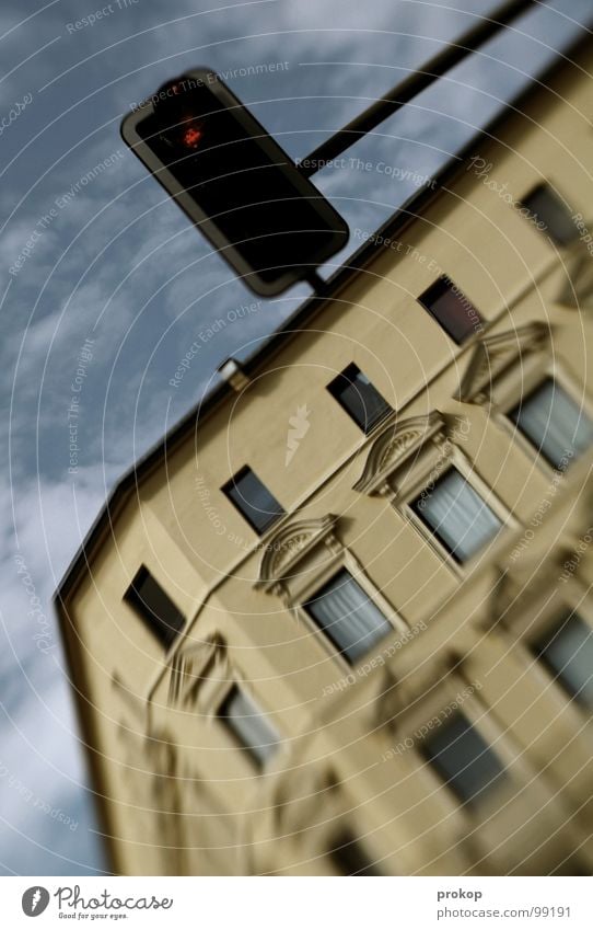 Bend it baby! House (Residential Structure) Traffic light Clouds Red Facade Crash Alcohol-fueled Transport Stop Window Old building Art nouveau Town Neukölln