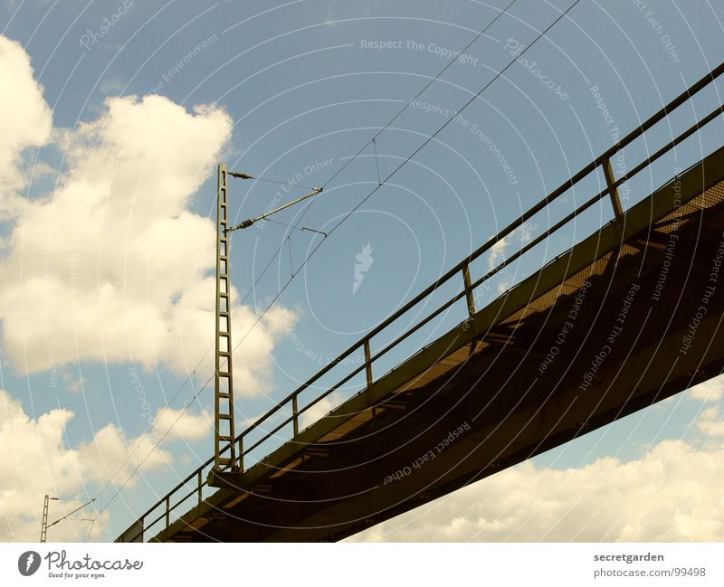 bridge with cloud Iron Construction Electricity Handrail Barrier Worm's-eye view Steel Bad weather Railroad bridge Room Fragile Driving Bridge Electricity pylon