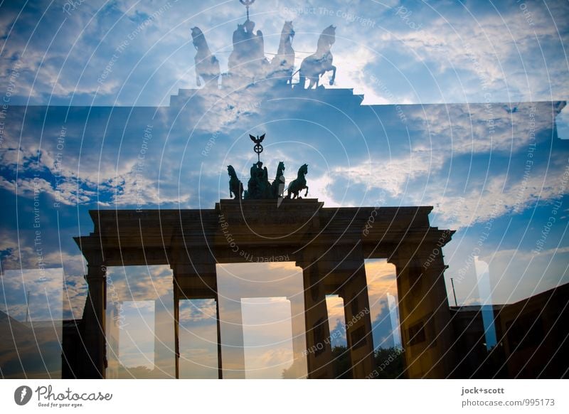 Re: Retour coach Clouds Capital city Tourist Attraction Landmark Brandenburg Gate Famousness Historic Moody Inspiration Surrealism Double exposure Reaction