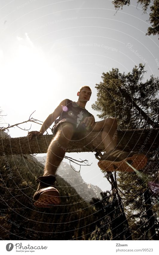 dangle one's legs Dangle Footwear Man Tree trunk Bavaria Isar Summer Under Brook Contentment Vacation & Travel Joy Sit Feet Legs Human being Mountain Sun Sky