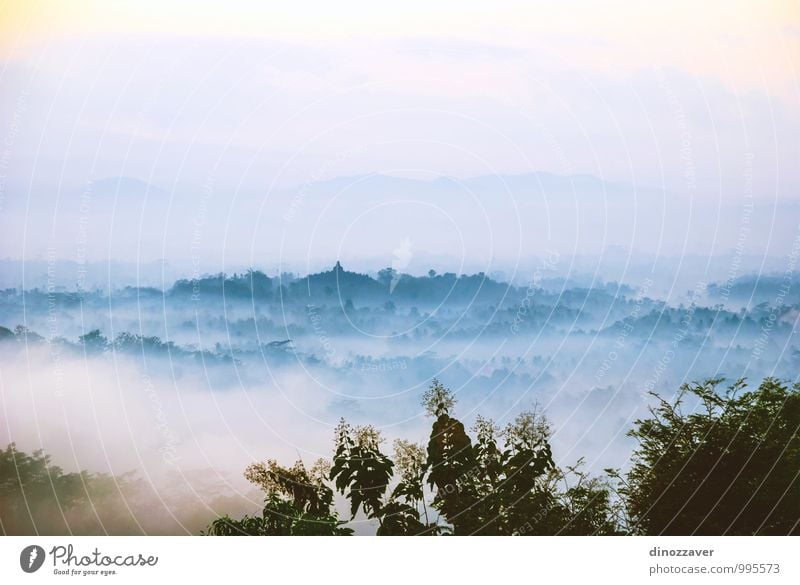 Borobudur temple at sunrise, Yogyakarta, Indonesia Beautiful Meditation Vacation & Travel Far-off places Sun Landscape Sky Clouds Fog Forest Virgin forest