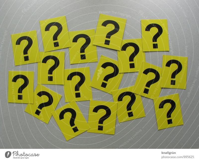 Questions over questions Sign Signs and labeling Communicate Sharp-edged Curiosity Yellow Gray Black Emotions Mysterious Surprise Question mark Ask Colour photo